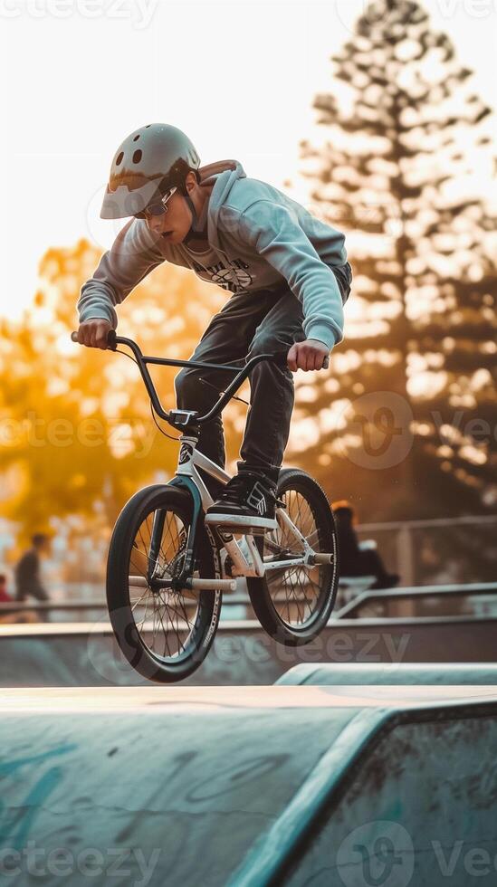 ai gerado bmx truques, suave foco lente, bmx cavaleiro realizando truques dentro uma Parque de skate ou urbano contexto, fundo imagem, generativo ai foto