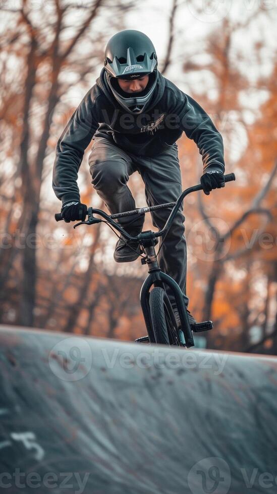 ai gerado bmx truques, suave foco lente, bmx cavaleiro realizando truques dentro uma Parque de skate ou urbano contexto, fundo imagem, generativo ai foto