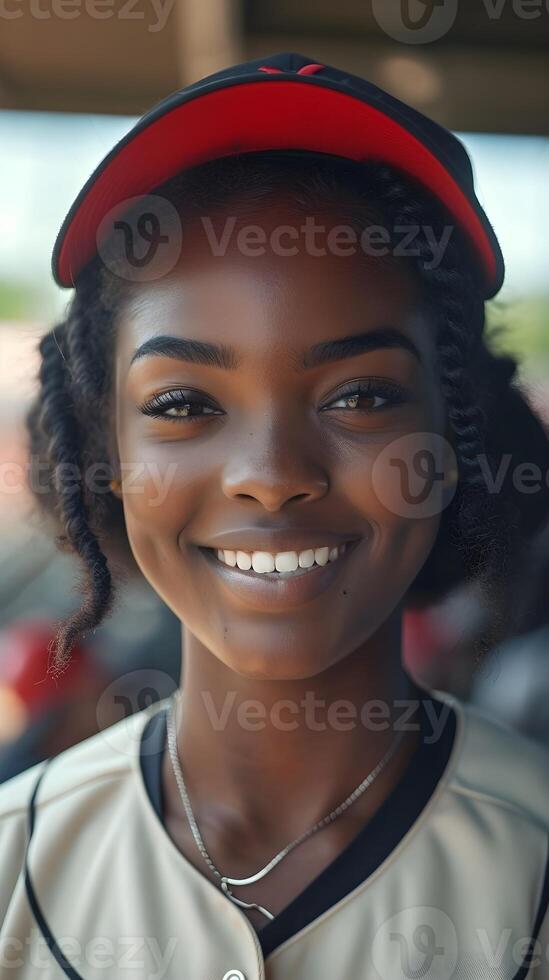 ai gerado retrato do uma sorridente Preto fêmea dentro beisebol jogador uniforme, fundo imagem, ai gerado foto