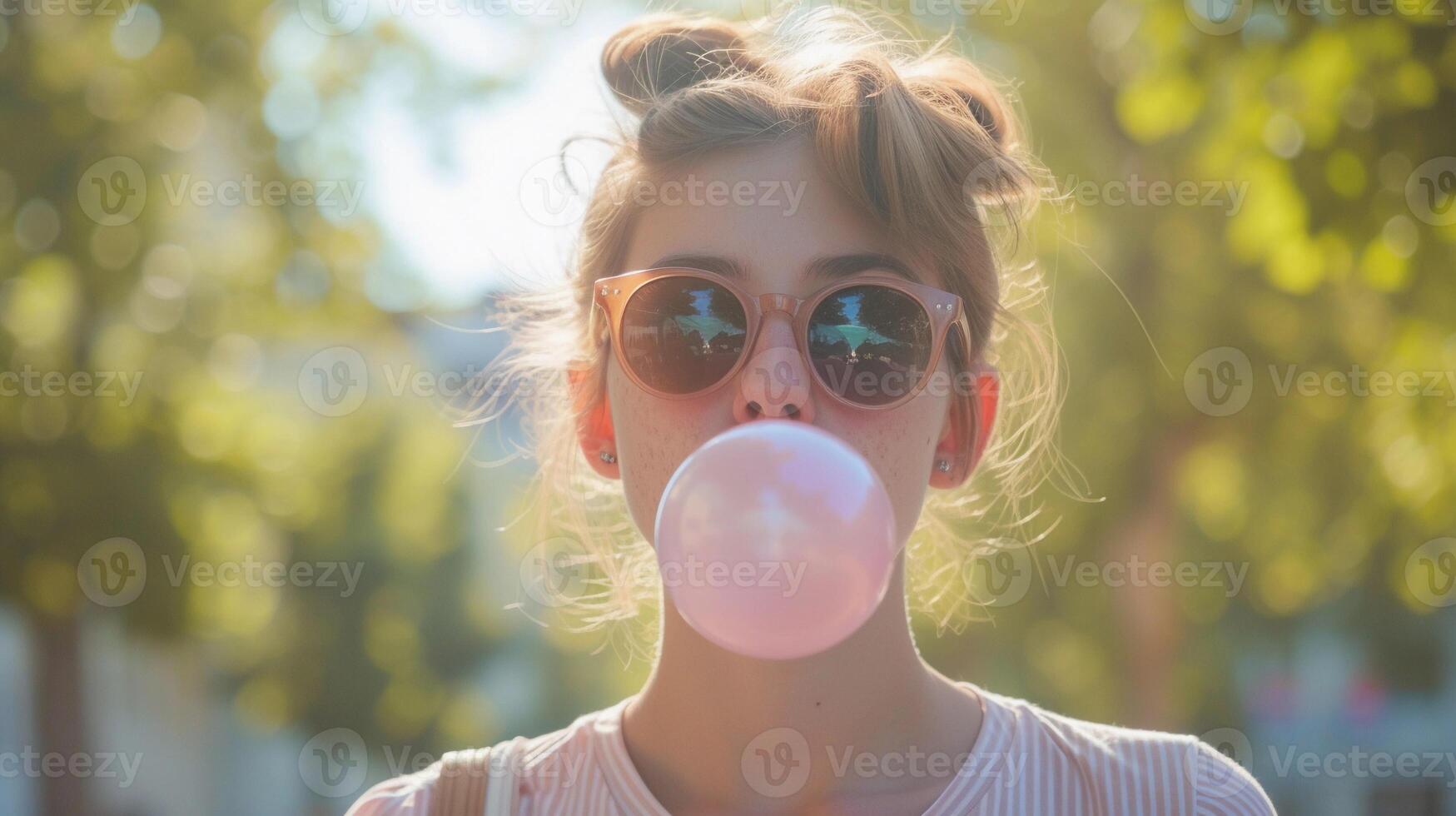 ai gerado retrato do uma jovem branco fêmea vestindo oculos de sol sopro bolha Chiclete, fundo imagem, generativo ai foto