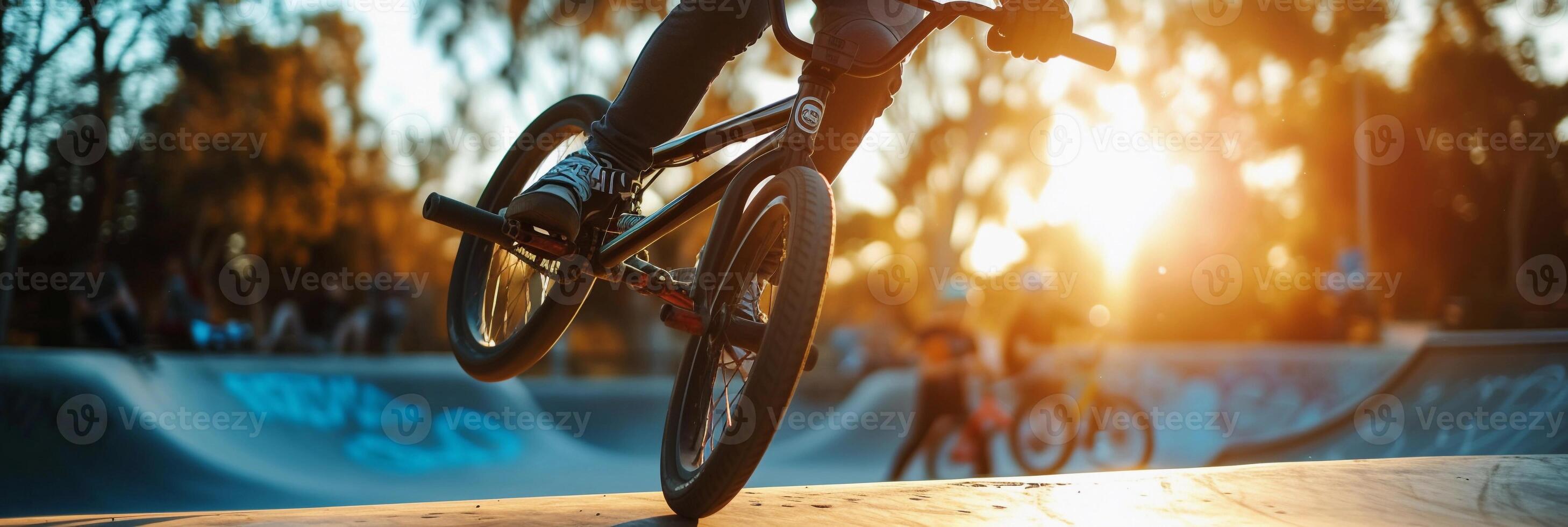 ai gerado bmx truques, suave foco lente, bmx cavaleiro realizando truques dentro uma Parque de skate ou urbano contexto, fundo imagem, generativo ai foto