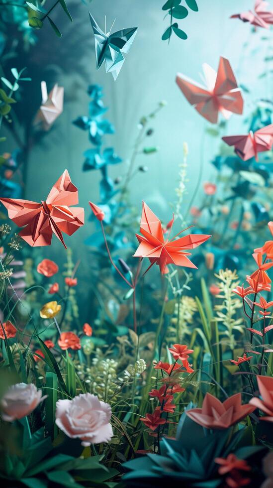 ai gerado origami jardim, ilustrar a encantador jardim cena com origami flores, plantas e borboletas, fundo imagem, generativo ai foto