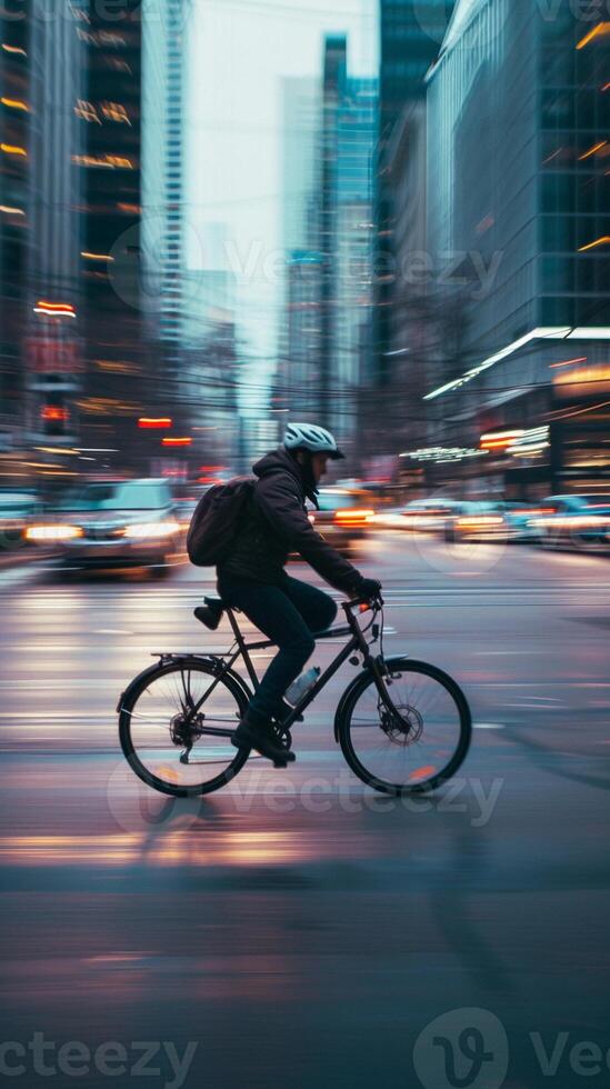 ai gerado bicicleta comutar dentro a cidade, viajante em uma bicicleta navegação através cidade tráfego, fundo imagem, generativo ai foto