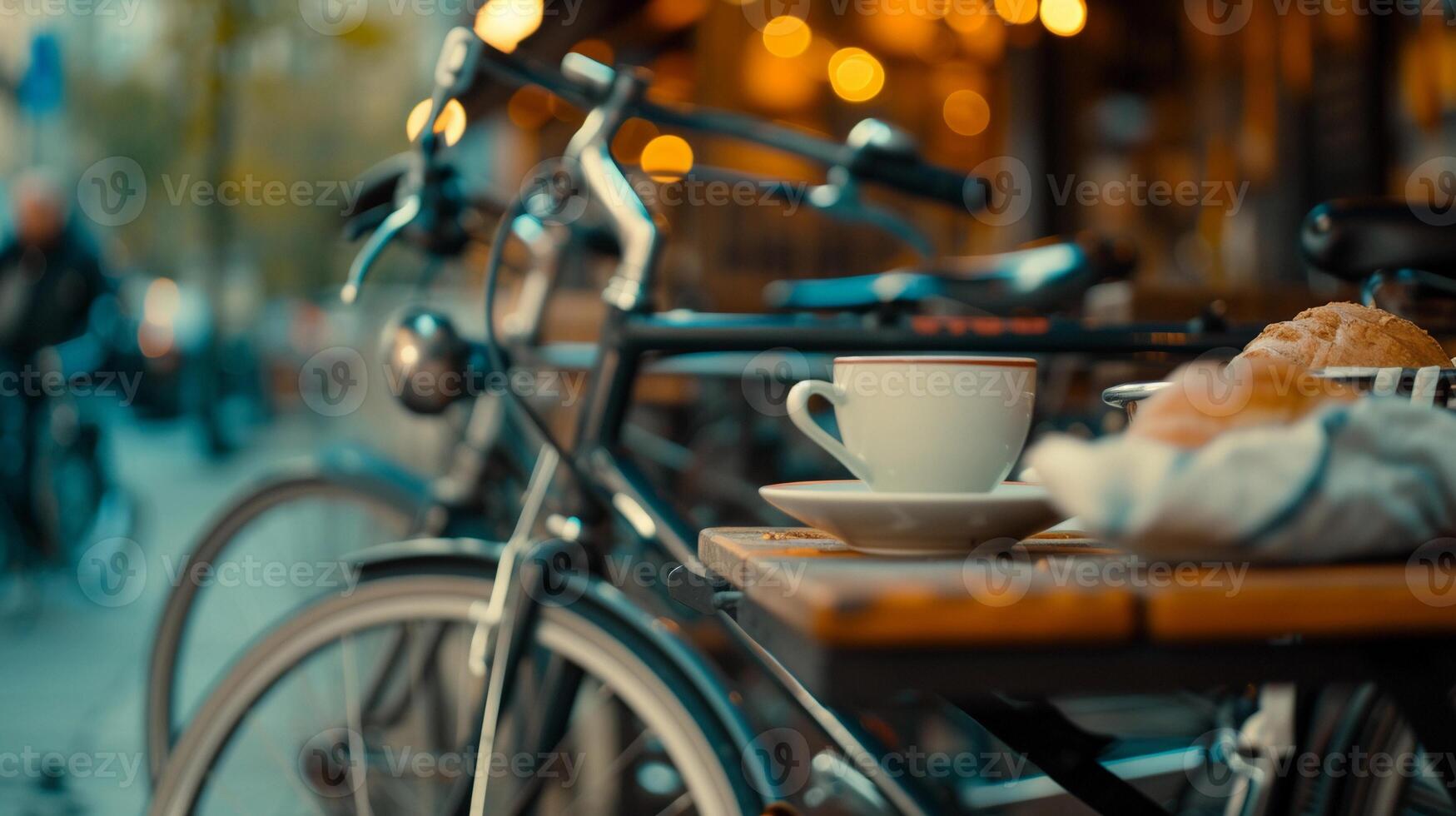 ai gerado bicicleta e café, ciclista levando uma pausa às uma acolhedor cafeteria com uma bicicleta estacionado próximo, fundo imagem, generativo ai foto