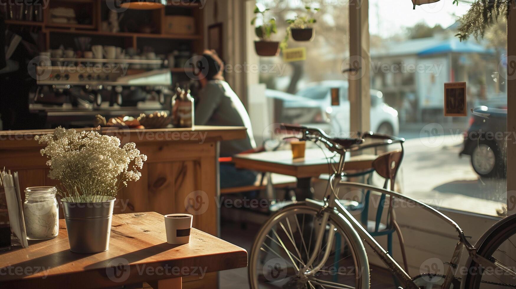 ai gerado bicicleta e café, ciclista levando uma pausa às uma acolhedor cafeteria com uma bicicleta estacionado próximo, fundo imagem, generativo ai foto