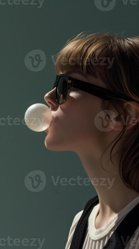 ai gerado retrato do uma jovem branco fêmea vestindo oculos de sol sopro bolha Chiclete, fundo imagem, generativo ai foto