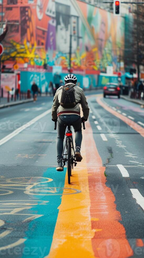 ai gerado bicicleta faixa aventura, ciclista equitação baixa uma designado bicicleta faixa dentro a urbano contexto, fundo imagem, generativo ai foto