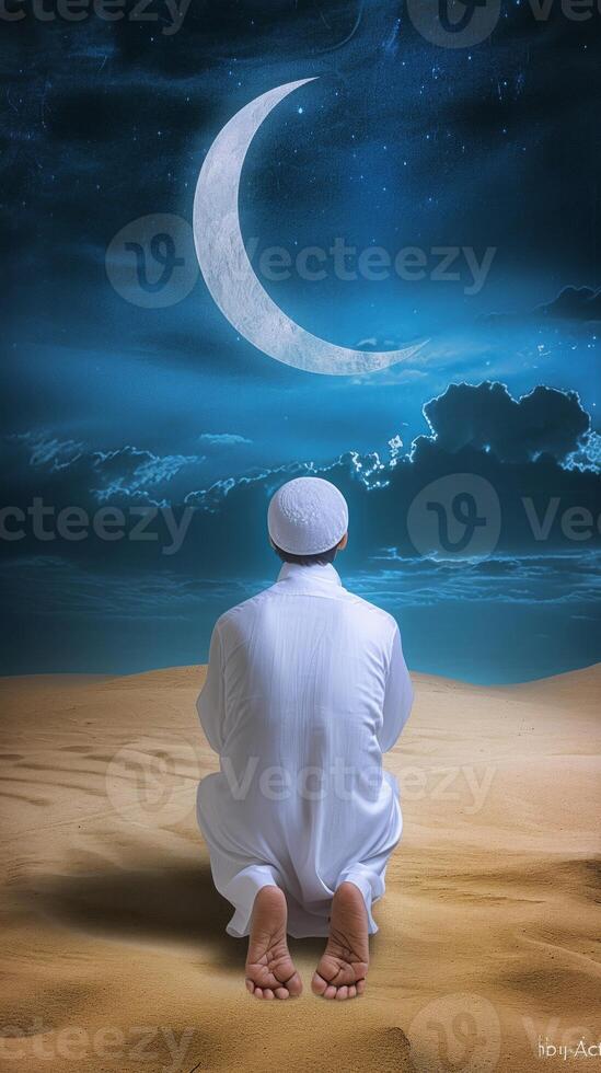 ai gerado traseiro Visão do uma muçulmano homem sentado enquanto elevado mãos e Rezar dentro a terra com crescente lua às noite foto