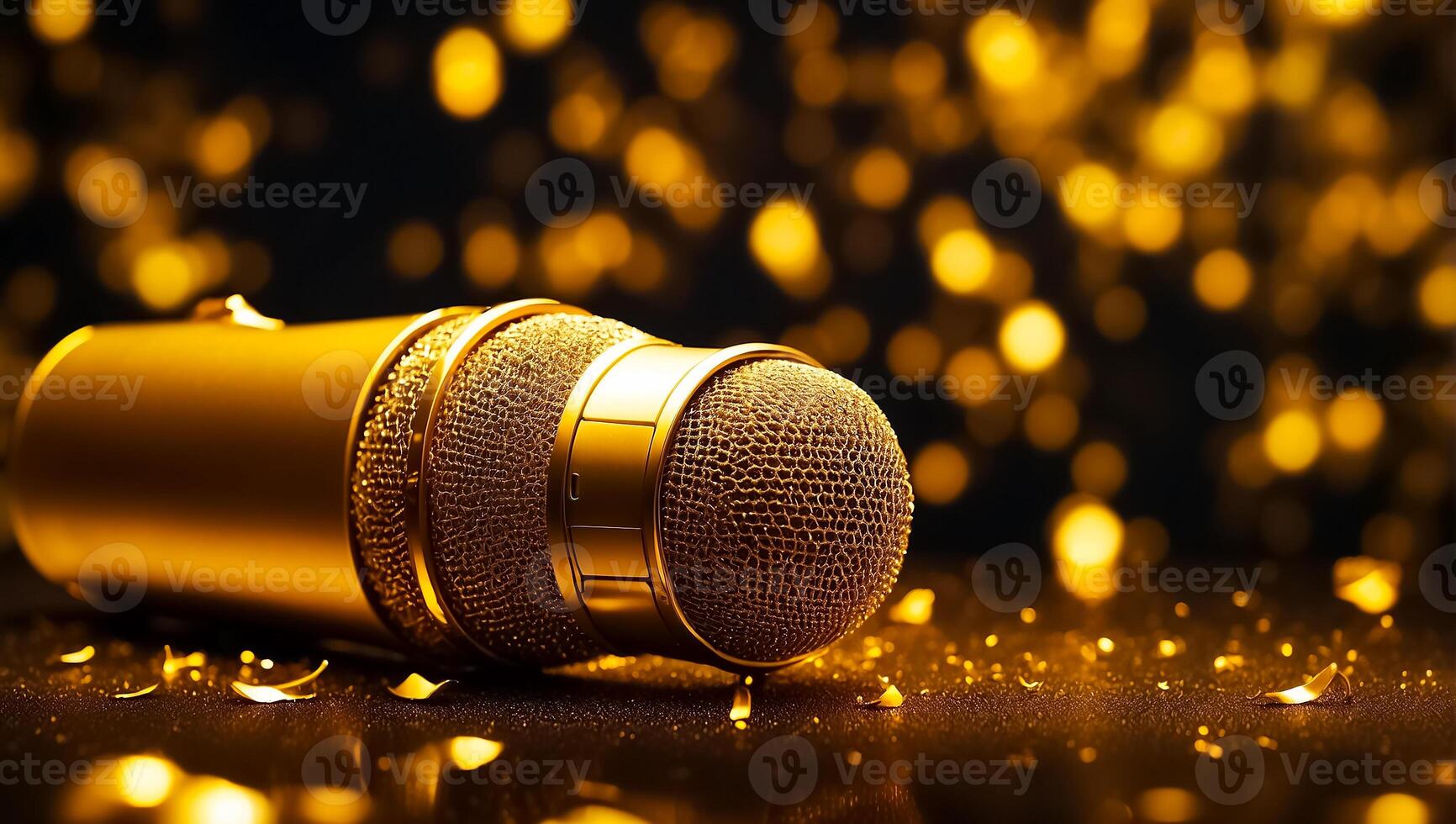 ai gerado lindo dourado microfone em uma Sombrio fundo foto