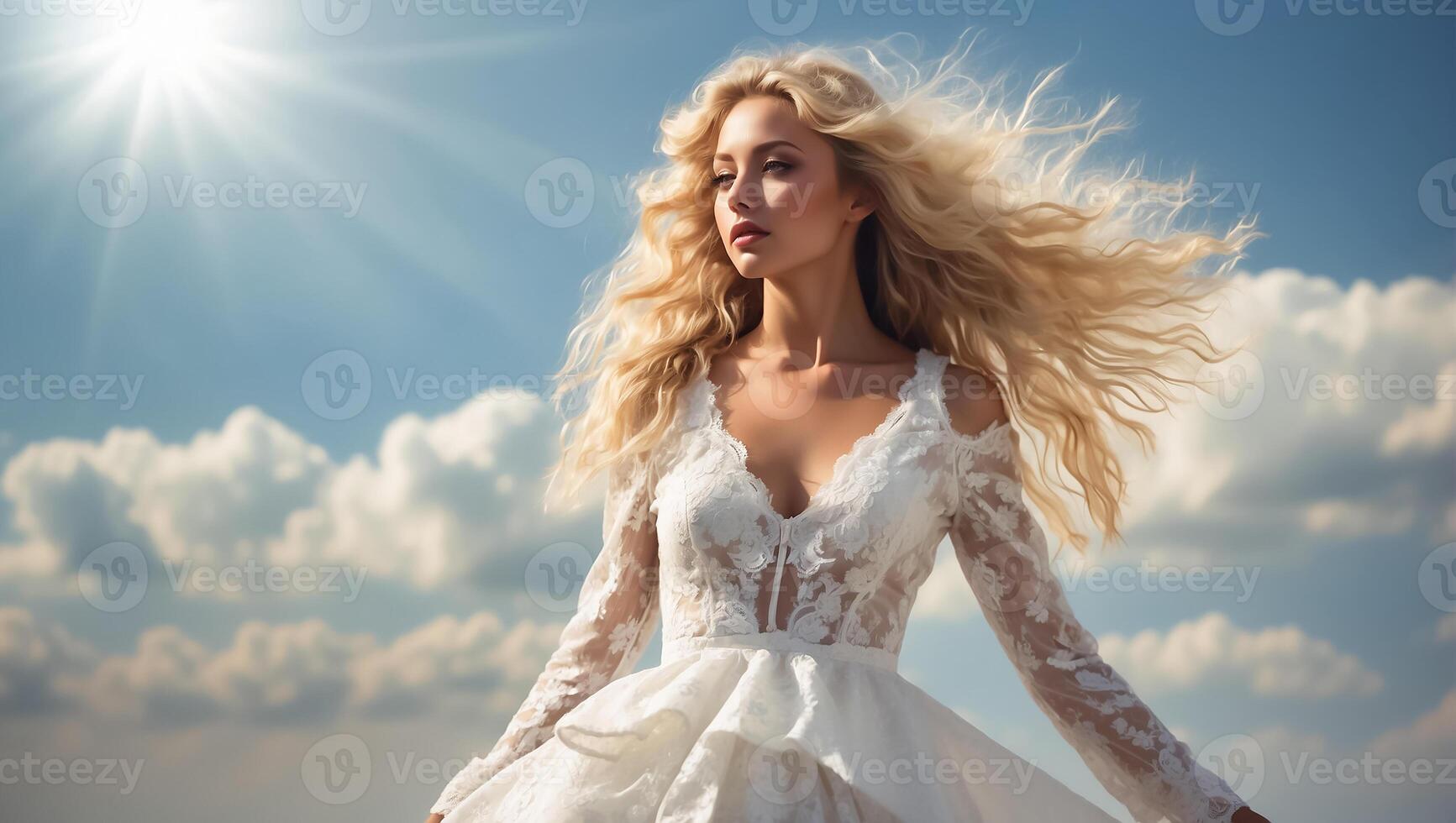 ai gerado lindo menina com grandes loiro cabelo contra a fundo do a céu com nuvens foto