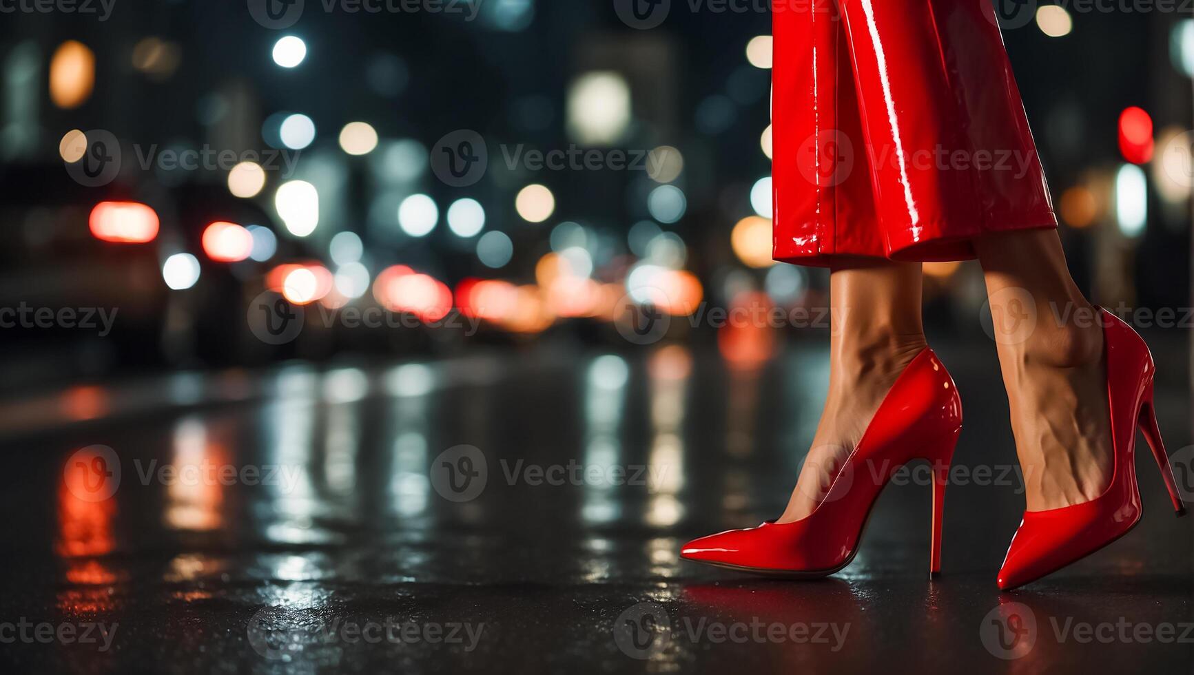 ai gerado fêmea pernas dentro lindo vermelho patente couro estiletes às noite foto