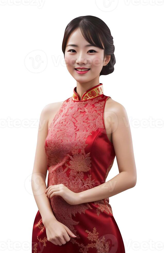 ai gerado feliz lindo ásia mulher com vestindo tradicional cheongsam vestir - gerado imagem foto