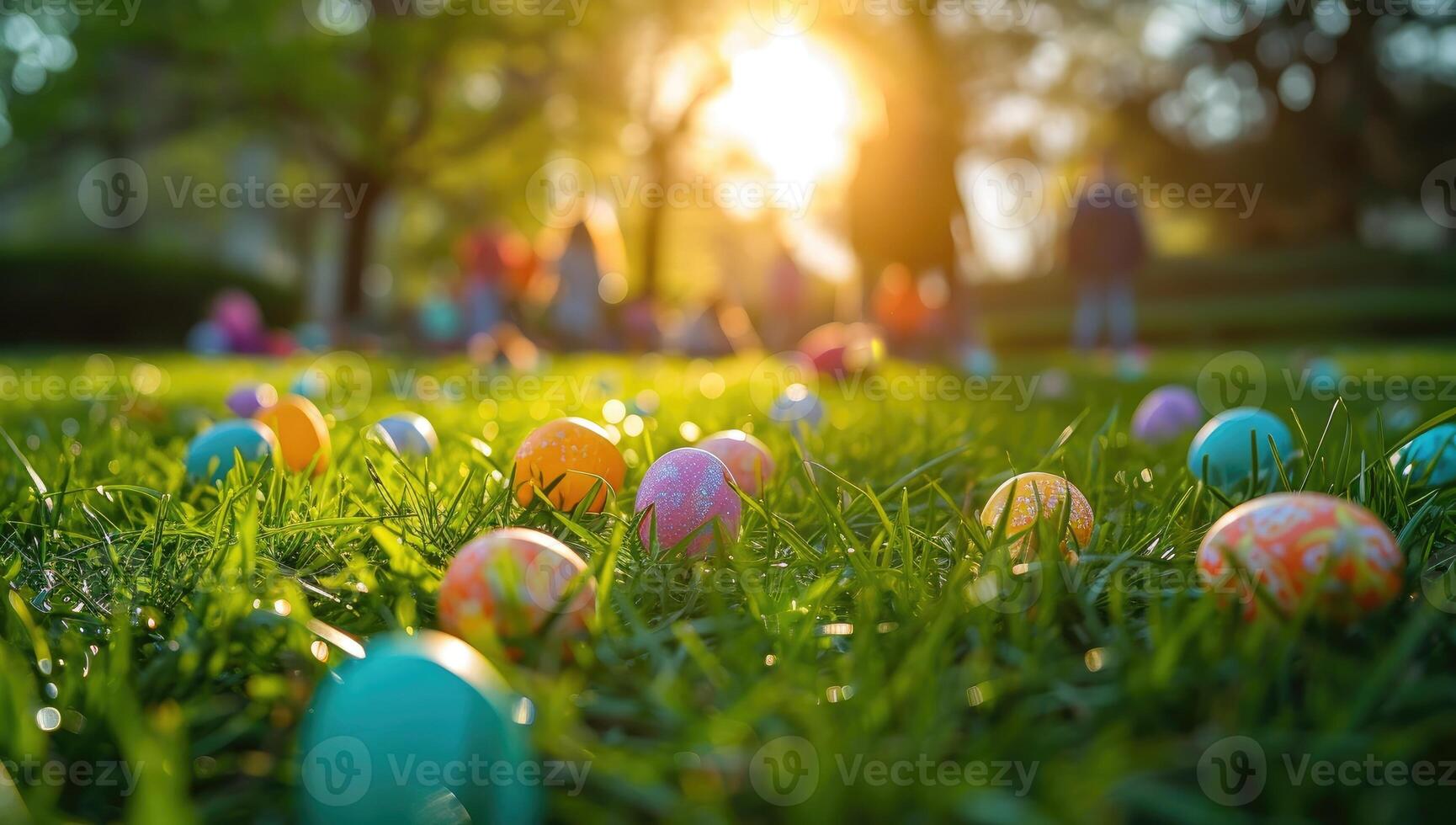 ai gerado colorida Páscoa ovos espalhados em iluminado pelo sol Relva foto