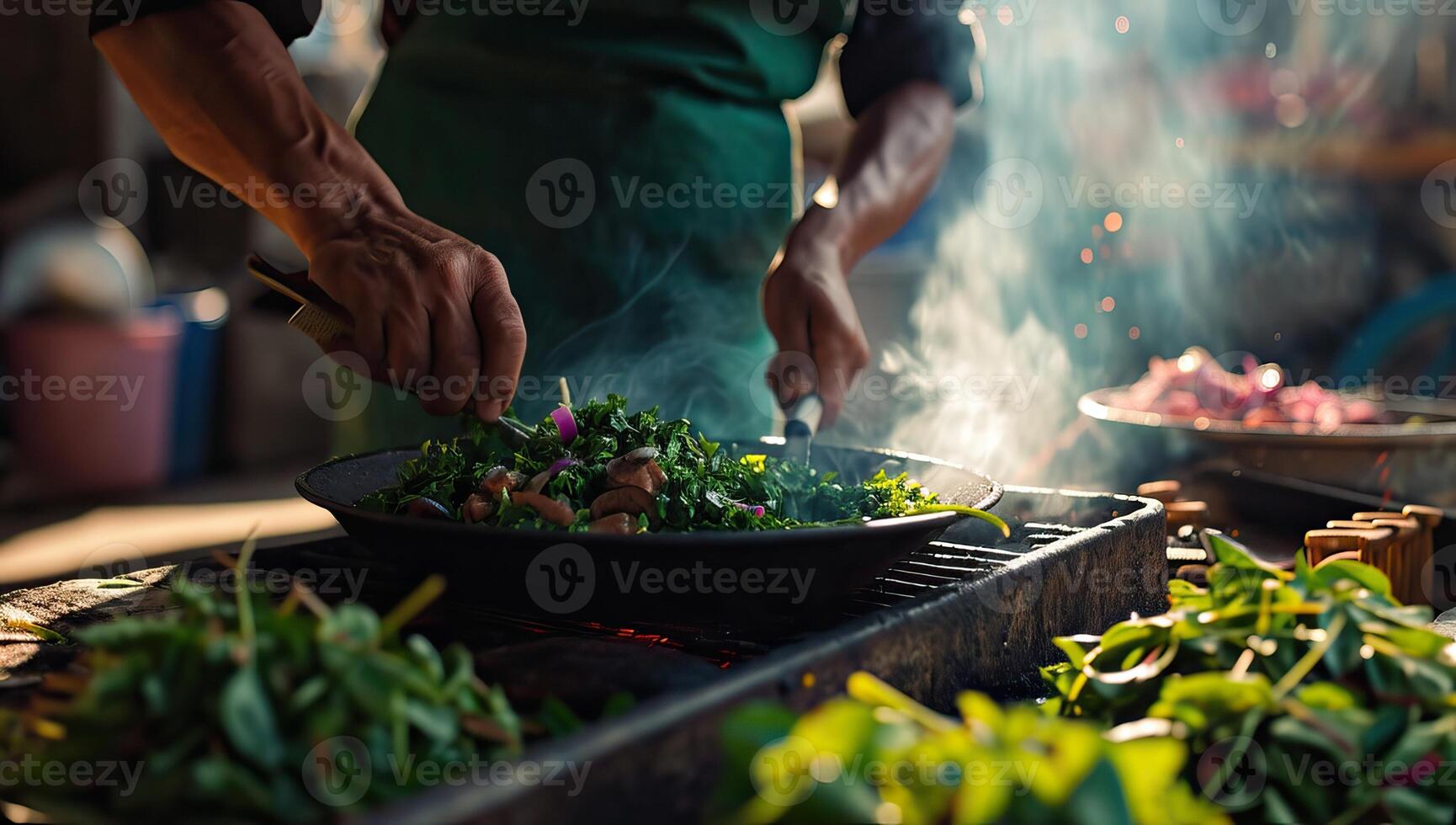 ai gerado chefe de cozinha preparando fresco salada em ao ar livre grade foto