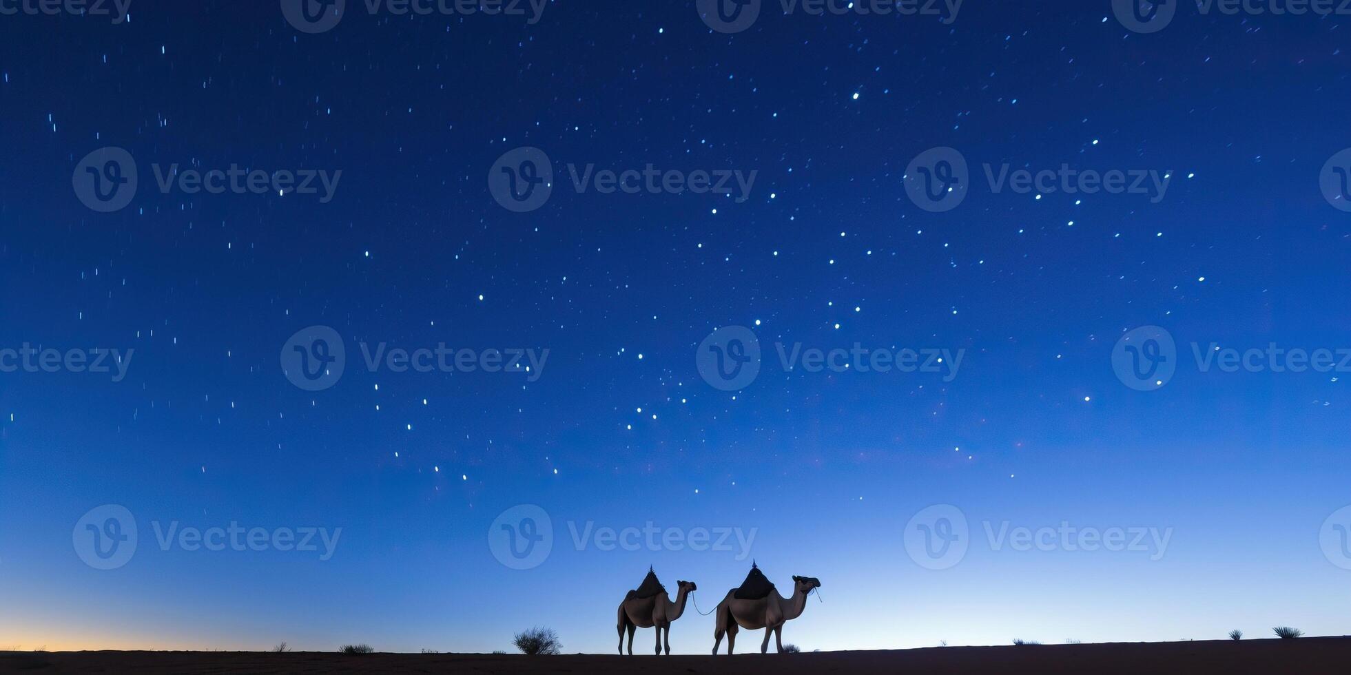 ai gerado dois camelos recortado contra uma estrelado céu às crepúsculo foto
