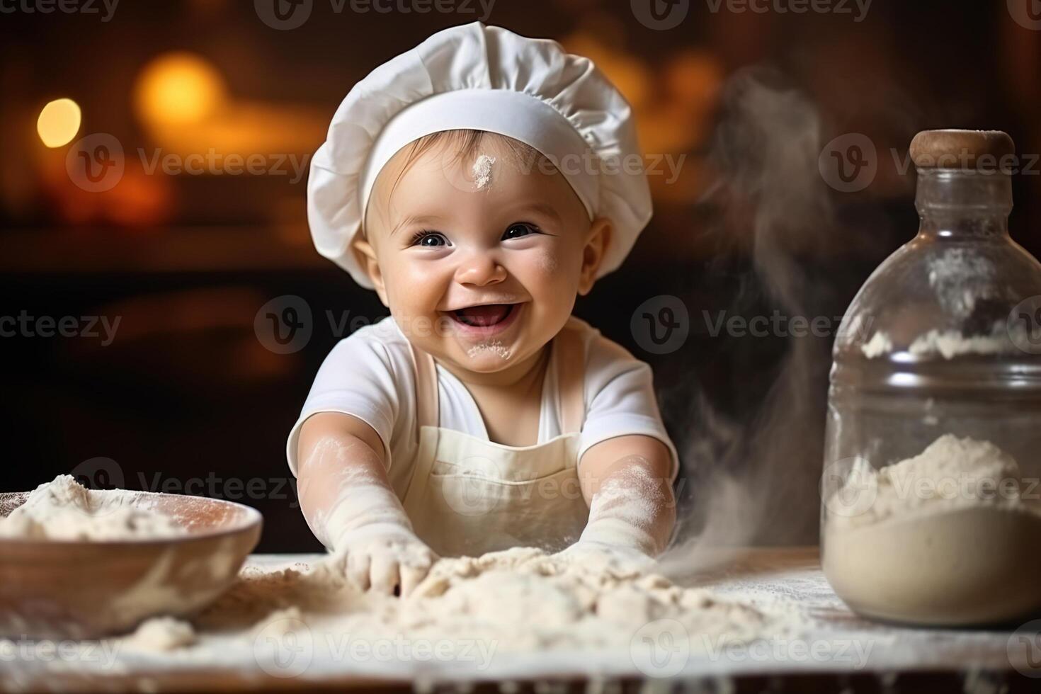 ai gerado sorridente bebê dentro uma branco chef chapéu cozinhando dought dentro cozinha em borrado fundo foto