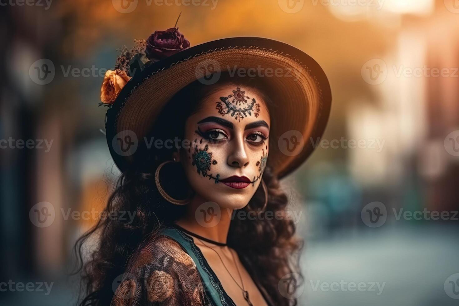 ai gerado retrato do uma lindo jovem mexicano mulher com Maquiagem e chapéu em dia do morte foto