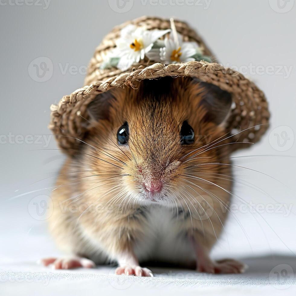 ai gerado fofa hamster dentro uma Palha chapéu com flores em uma branco fundo foto