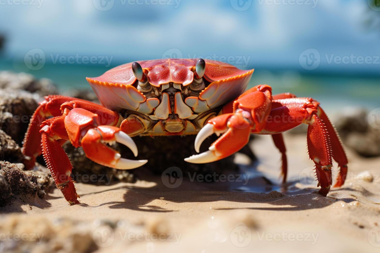 ai gerado fechar-se do uma grande vermelho caranguejo em a areia em oceano ou mar costa foto