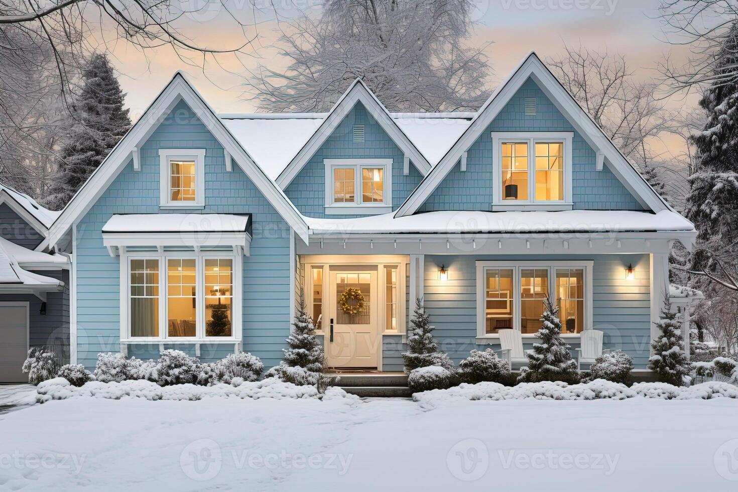 ai gerado agradável acolhedor família azul país casa coberto com neve. real Estado conceito foto