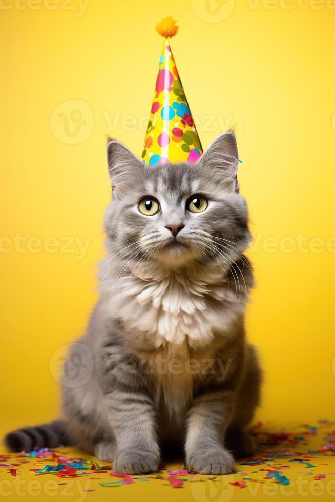 ai gerado vertical imagem do adorável fofo cinzento gato dentro uma festa chapéu em uma brilhante amarelo fundo. engraçado animal aniversário festa do celebração conceito foto