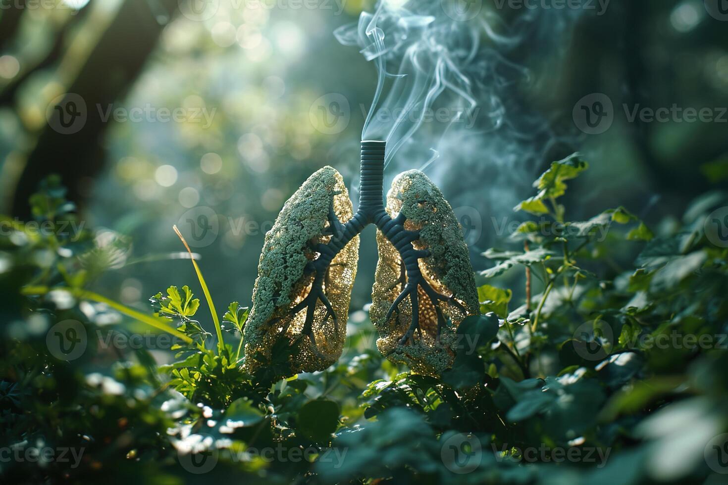 ai gerado abstrato ilustração do humano pulmões brilhando e fazer fumaça entre verde floresta fundo foto
