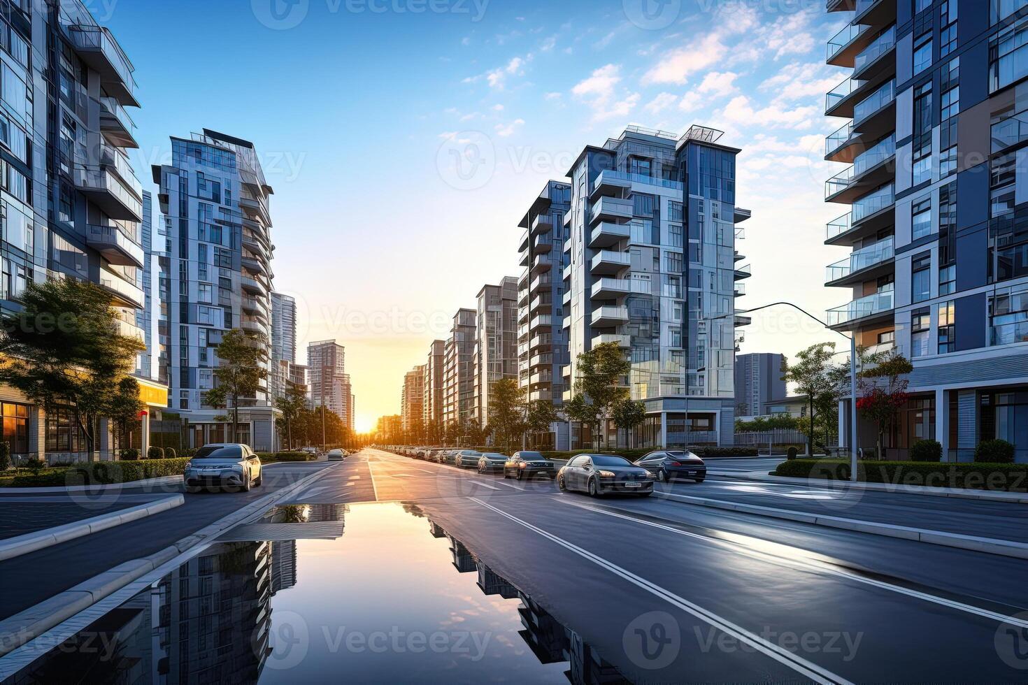 ai gerado uma moderno, ambientalmente amigável, paisagístico área com uma Largo Avenida e verde áreas e moderno residencial edifícios. foto