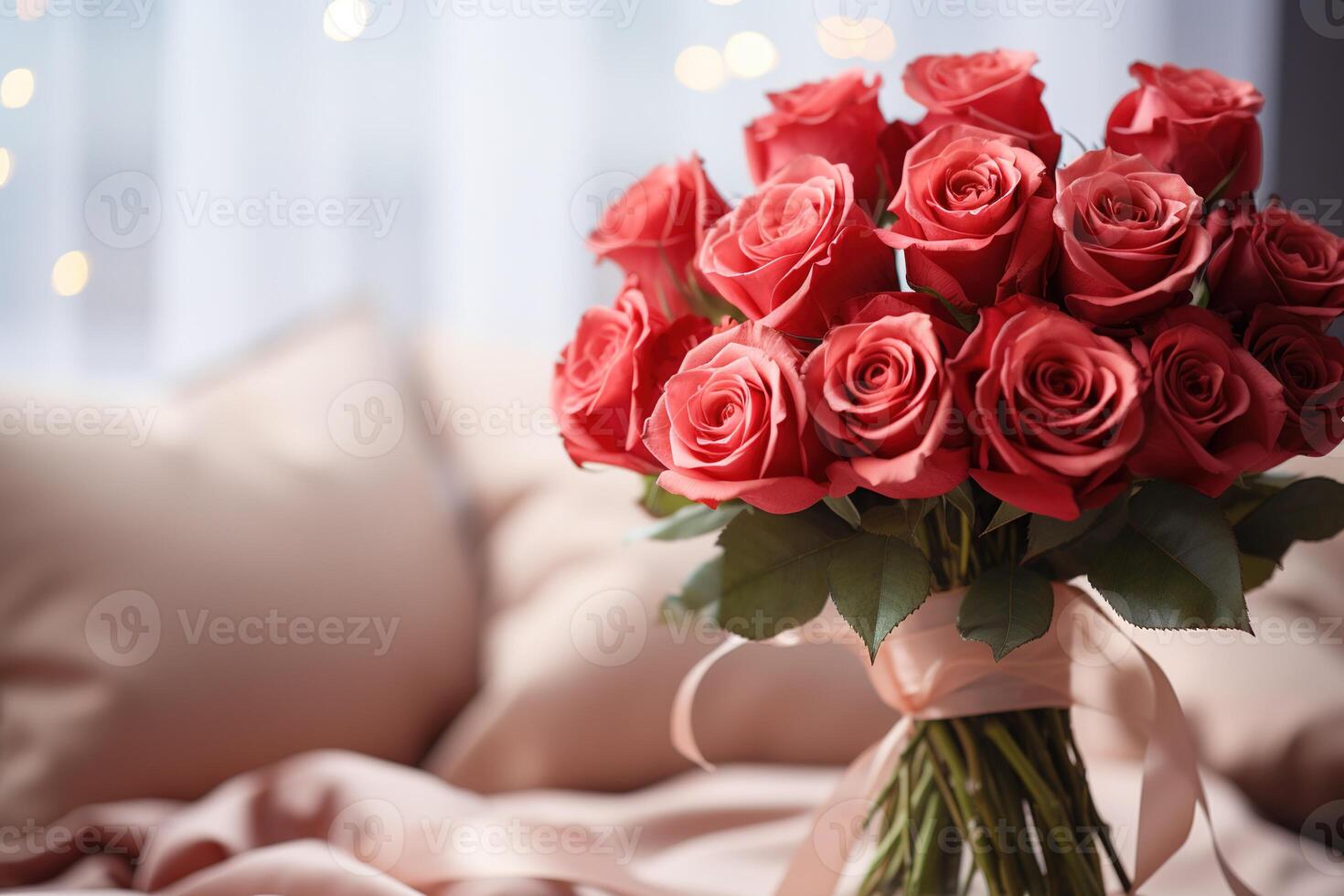 ai gerado fechar-se do uma lindo ramalhete do Rosa rosas flores com interior do moderno vivo quarto em borrado fundo foto