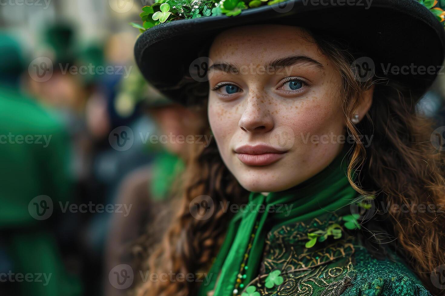 ai gerado retrato do a atraente azul olhos sardento morena vestindo uma decorado topo chapéu, verde cachecol e vestir dentro uma multidão a comemorar st. patrick's dia foto