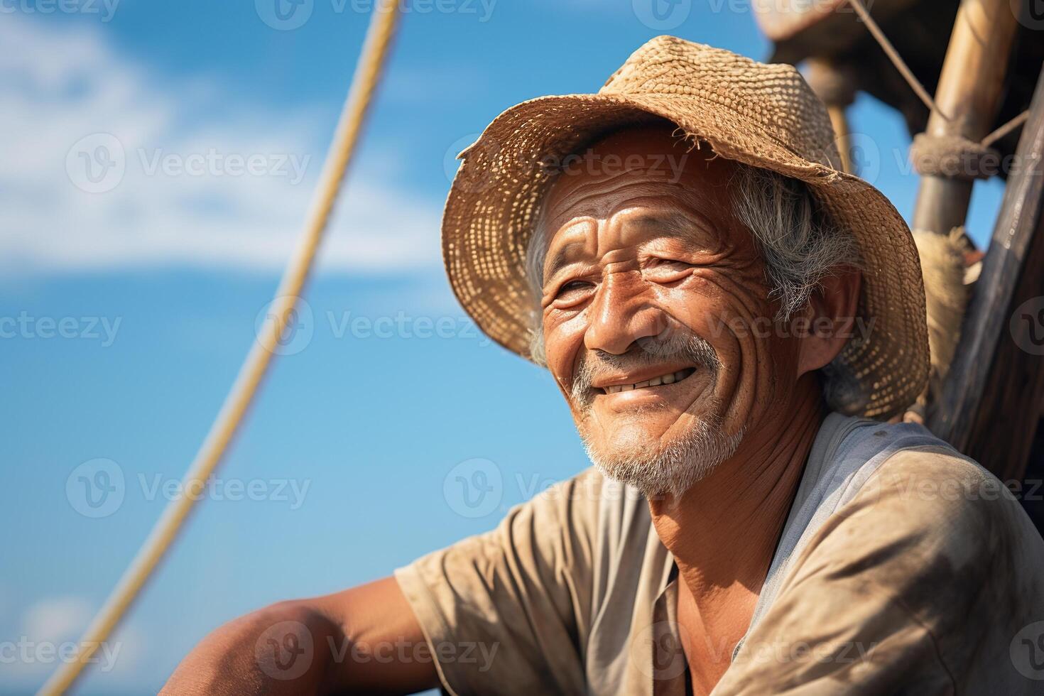 ai gerado idosos ásia pescador com cinzento cabelo, barba e rugas dentro a velho Palha chapéu , apertando os olhos e sorridente em uma navio foto