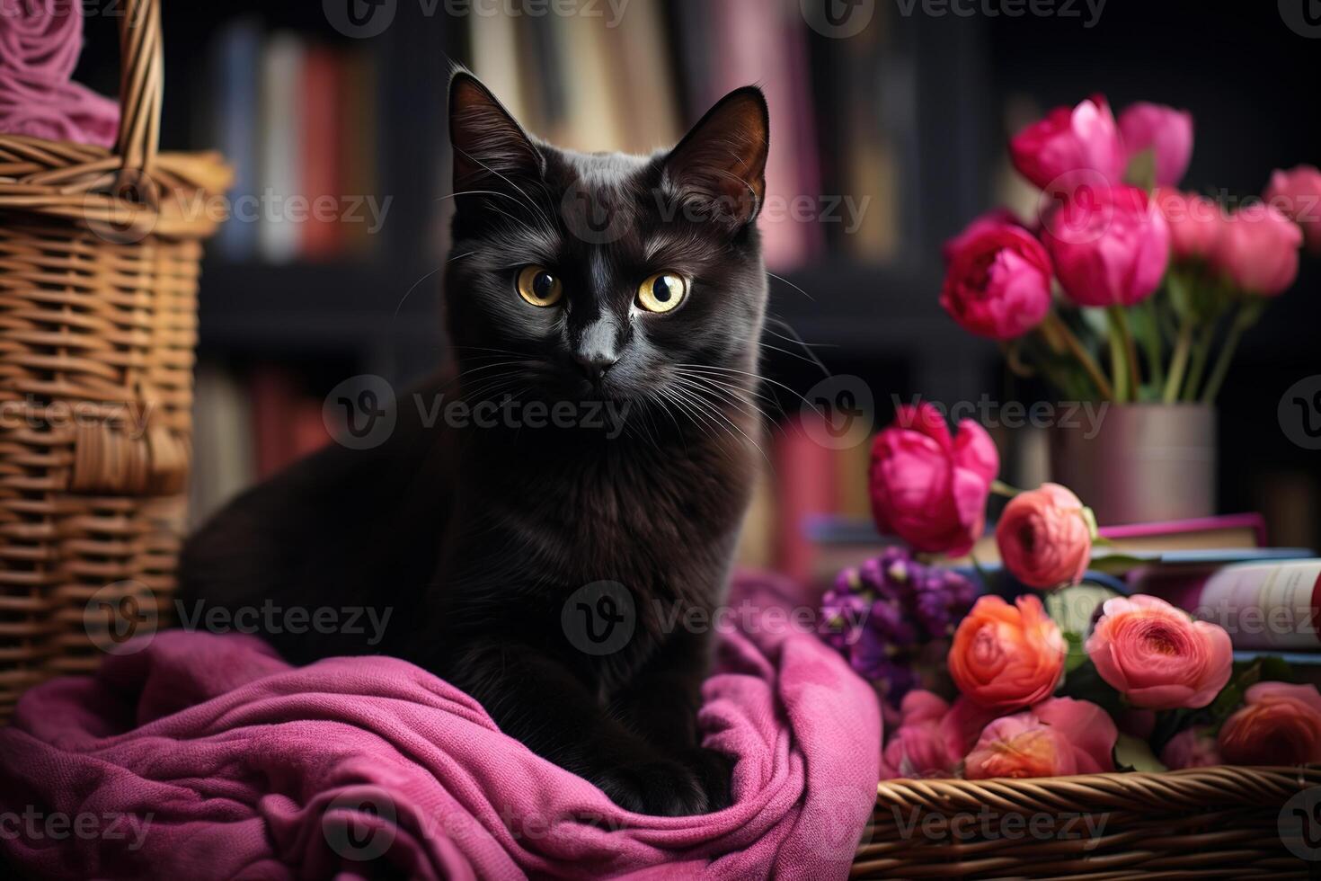 ai gerado fofa doméstico Preto gato sentado em uma Rosa cobertor às casa com flores em fundo foto