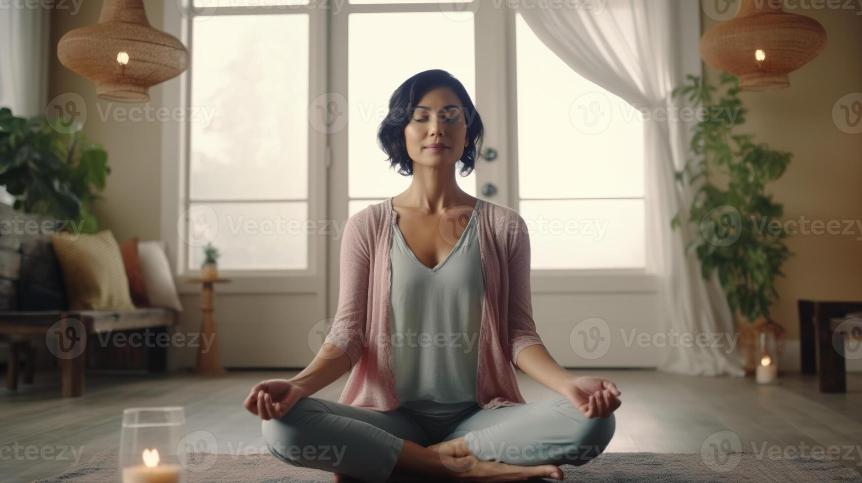 ai gerado meio envelhecido ásia mulher meditando às lar. relaxante, atento, mental saúde, meditação foto