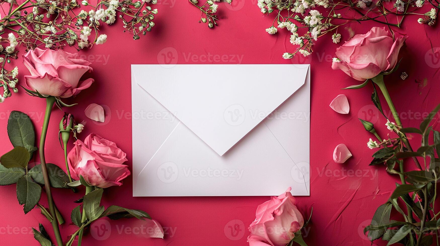 ai gerado Rosa rosas e fechadas envelope em Rosa fundo. foto
