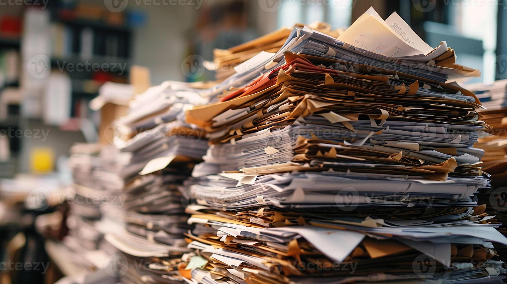 ai gerado pastas com documentos estão empilhado em a mesa dentro ampla pilhas, esperando para estar digitalizado e reciclado. borrado fundo do a escritório, arquivo sala. foto