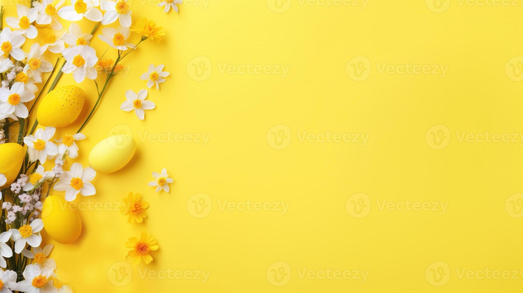 ai gerado branco narcisos e Páscoa amarelo ovos em uma amarelo fundo com espaço para texto. Páscoa bandeira, cartão postal modelo. foto