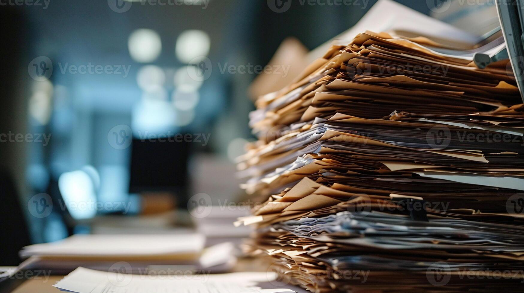 ai gerado ampla pilha do o negócio papéis em borrado escritório fundo e bokeh luzes. conceito do a problema do papelada, carga de trabalho do escritório trabalhadores, burocracia. foto