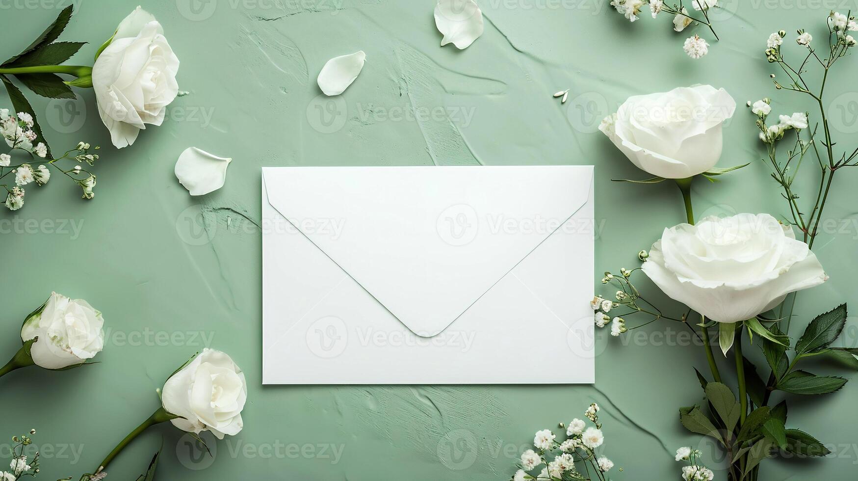 ai gerado flores e envelope em verde fundo. convite brincar, cartão postal a partir de uma branco Folha do papel, a esvaziar envelope e branco delicado rosas em uma luz verde fundo. foto