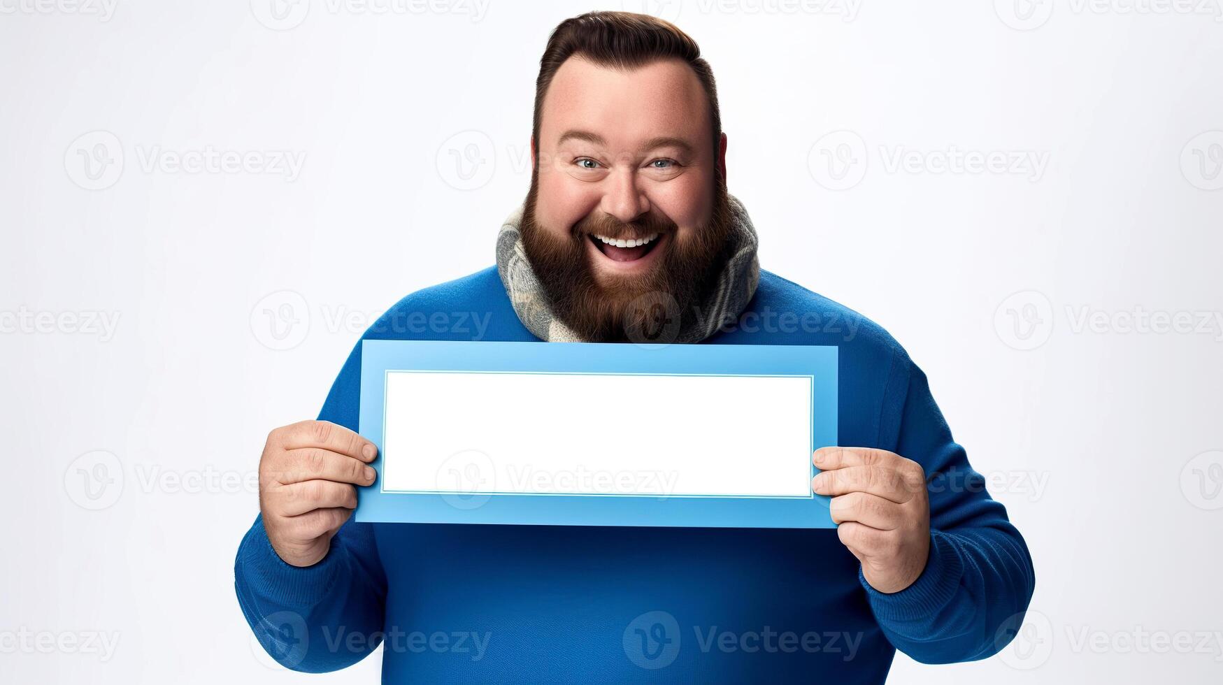 ai gerado alegre barbudo homem segurando uma azul quadro, Armação e olhando às a Câmera. retrato do uma sorridente barbudo homem dentro azul suéter e cachecol segurando uma em branco cenário quadro, Armação em branco fundo. foto