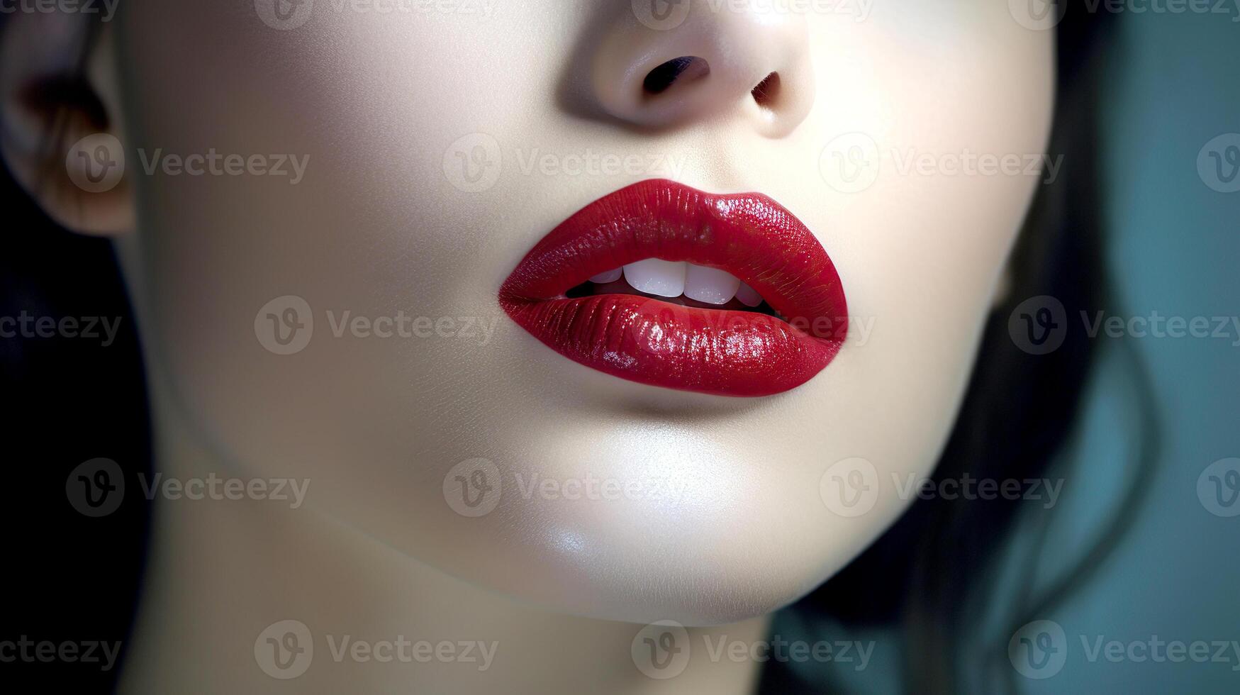 ai gerado fechar-se vermelho lábios. fechar-se retrato do lindo jovem mulher com vermelho lábios. perfeito inventar. Eu foto