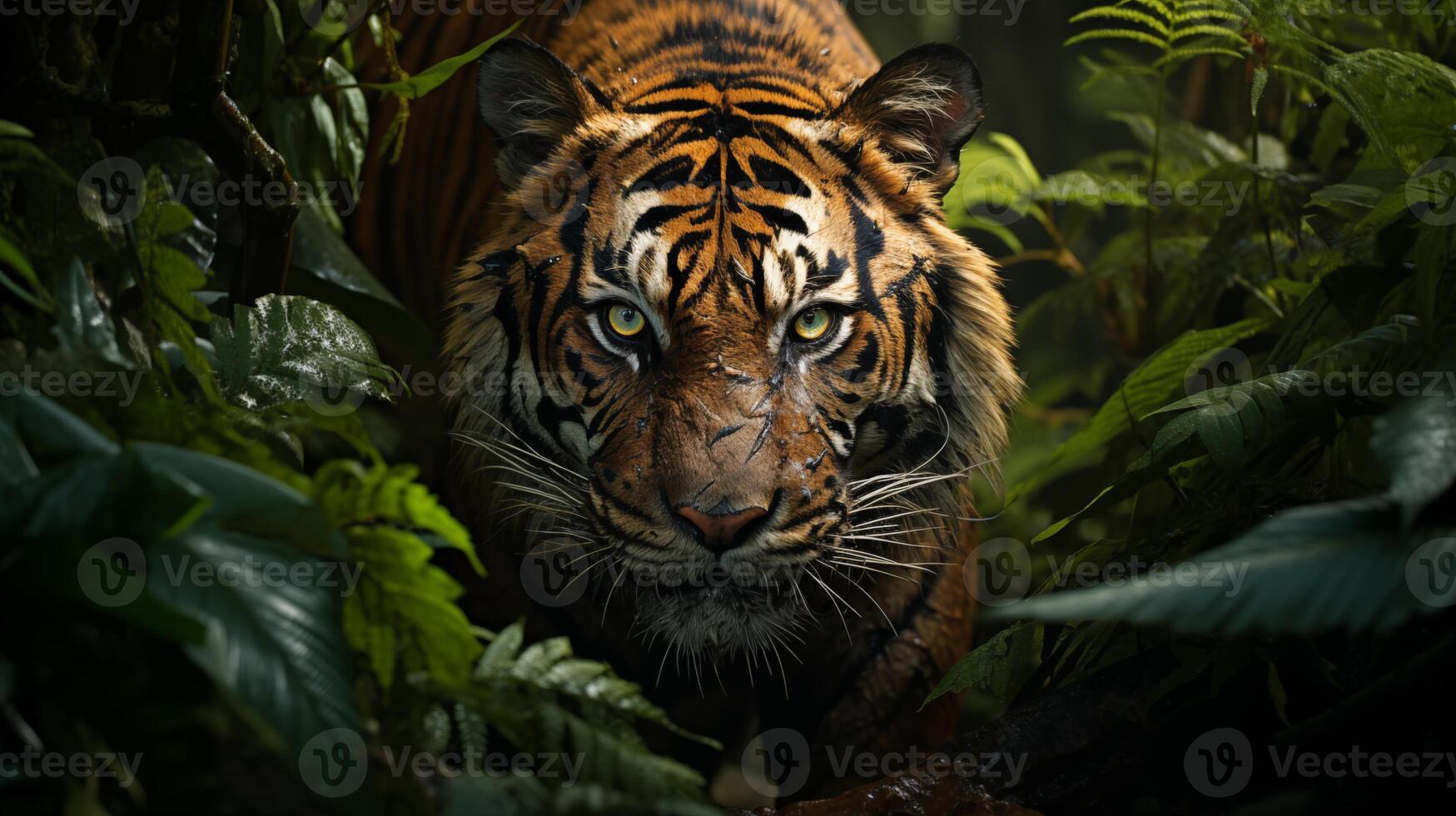 ai gerado sumatra tigre com amarelo olhos perseguição presa, vegetação dentro tropical indonésio floresta tropical fundo, cinematográfico atirar, ultra-real, manhã luz foto