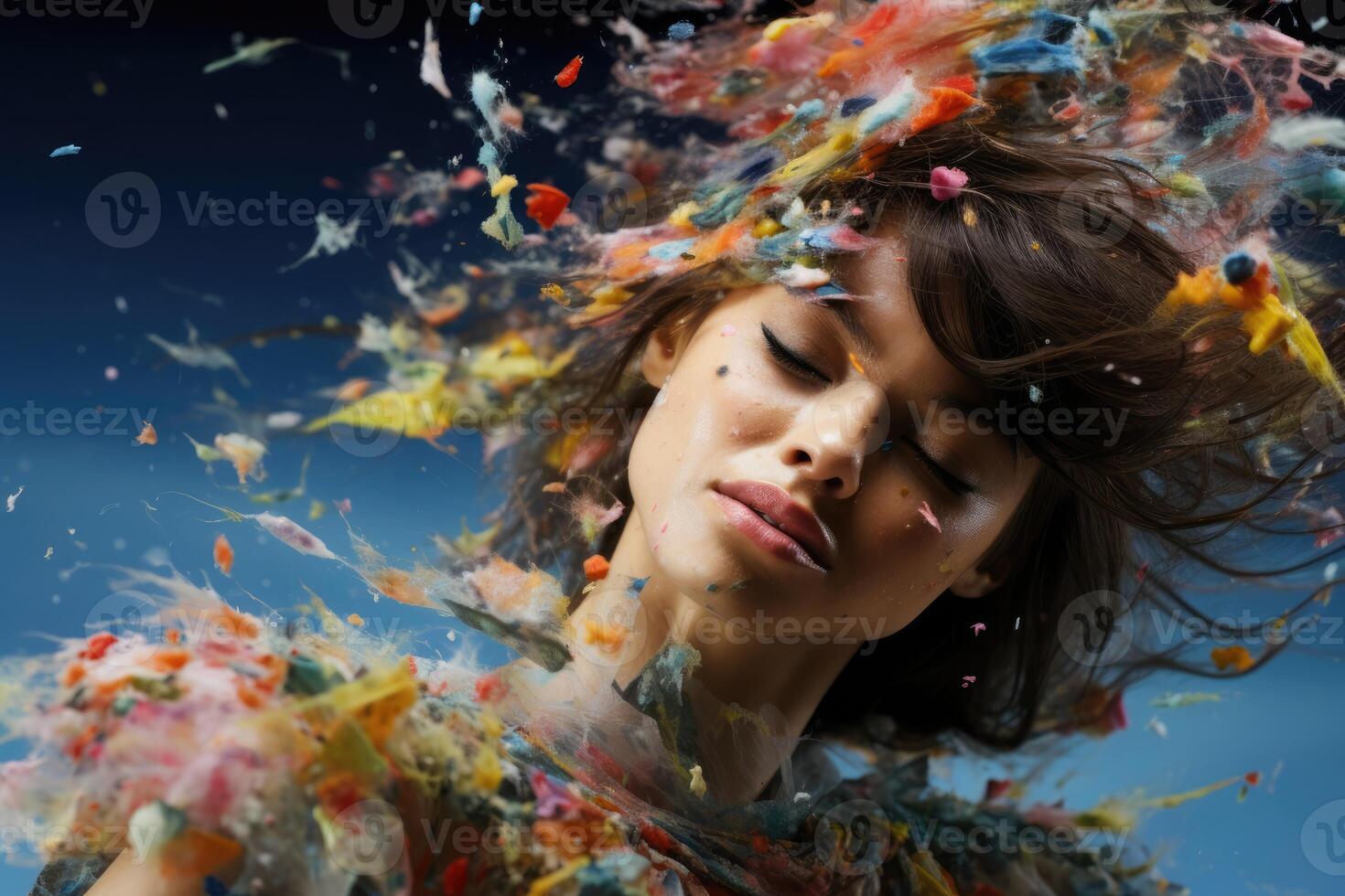 ai gerado retrato do uma fantasia beleza moda mulher modelo face dentro uma respingo do colorida água gotas dentro pintar. foto