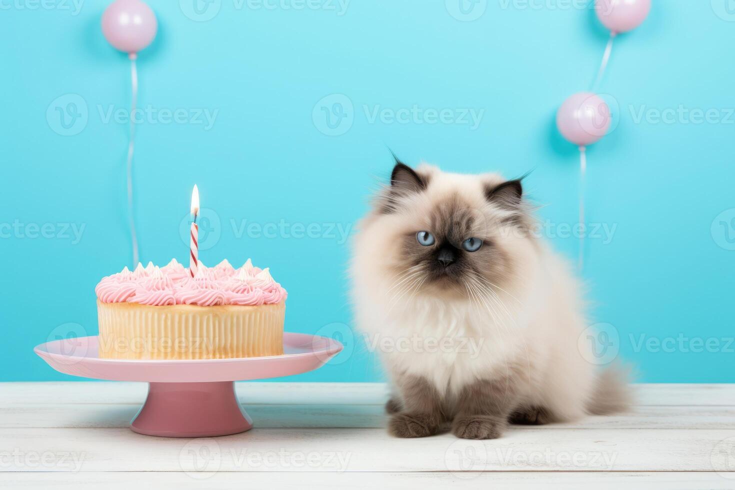 ai gerado fofo fofa gatinho gato sentado dentro frente do festivo bolo com vela a comemorar uma aniversário festa foto