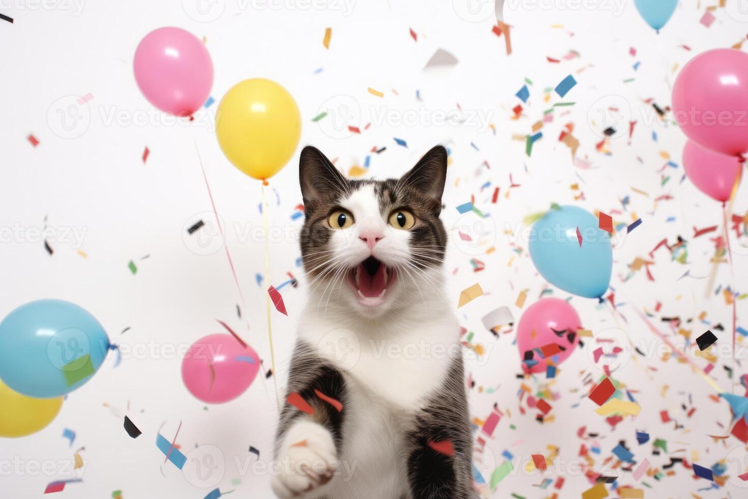 ai gerado fofa adorável aniversário gato com confete e colorida balões sentado em branco fundo foto