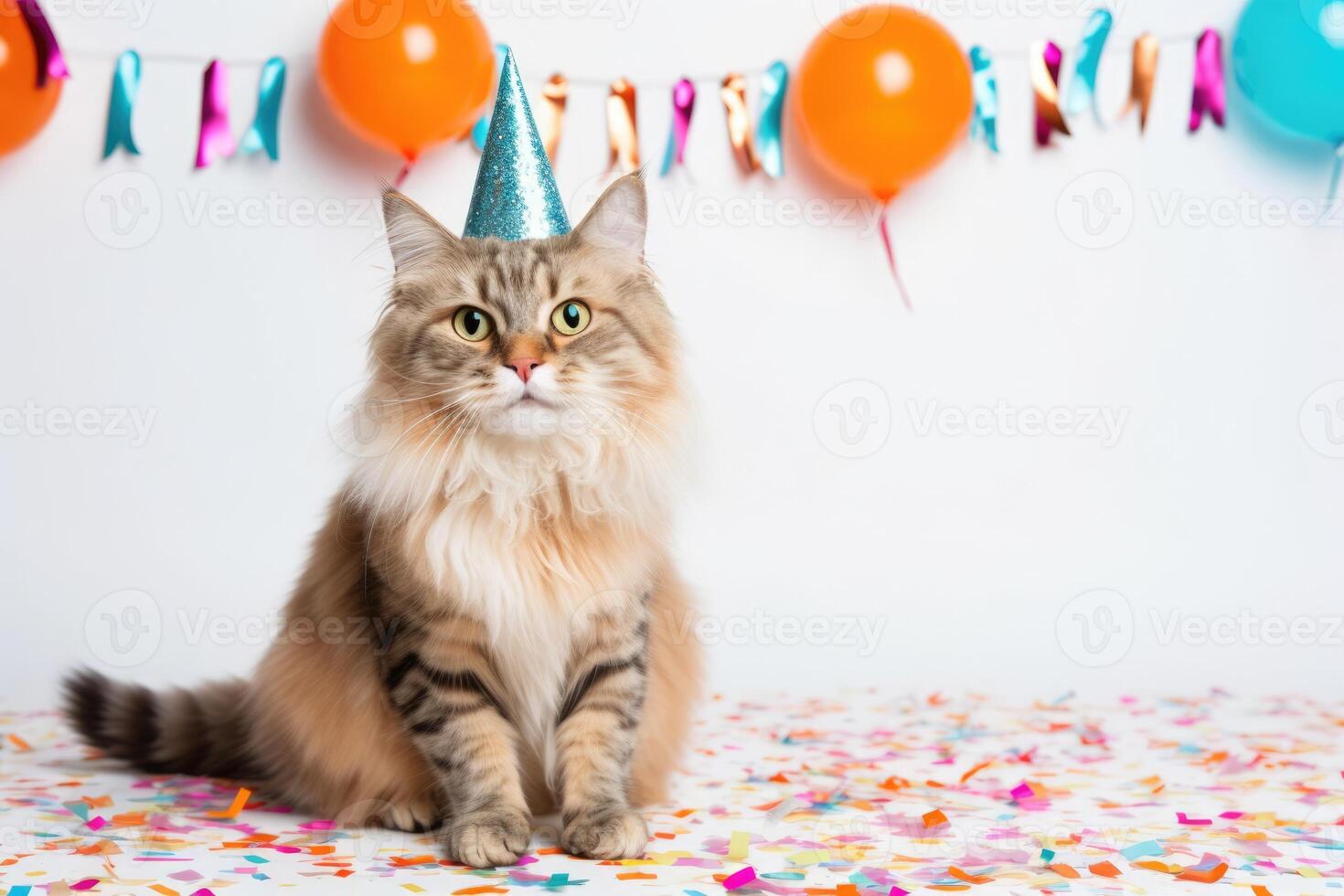 ai gerado fofa adorável aniversário gato com confete, balões e dentro festa chapéu sentado em branco fundo. foto