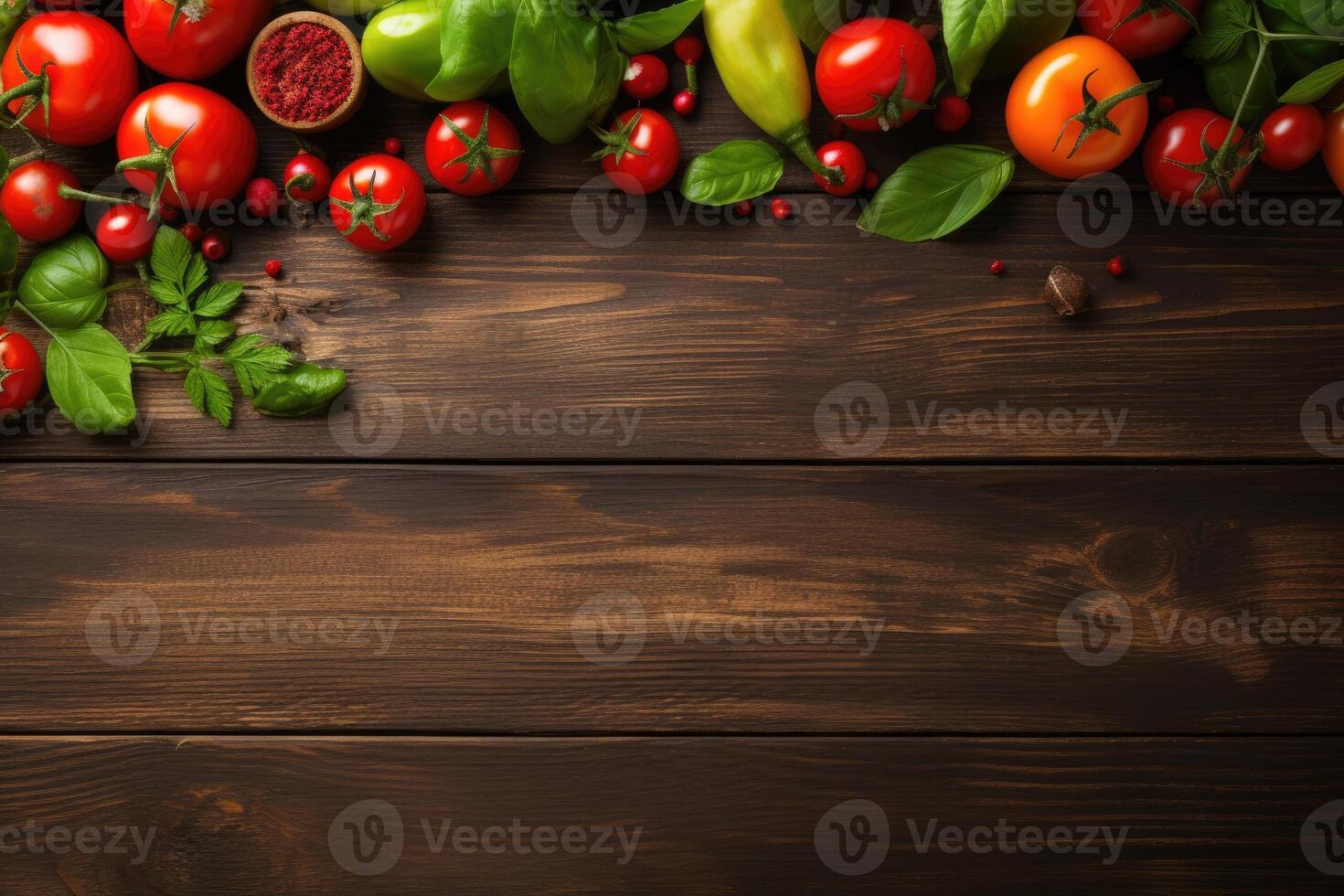 ai gerado fresco cru vegetal ingredientes para saudável cozinhando em de madeira mesa em Sombrio fundo foto