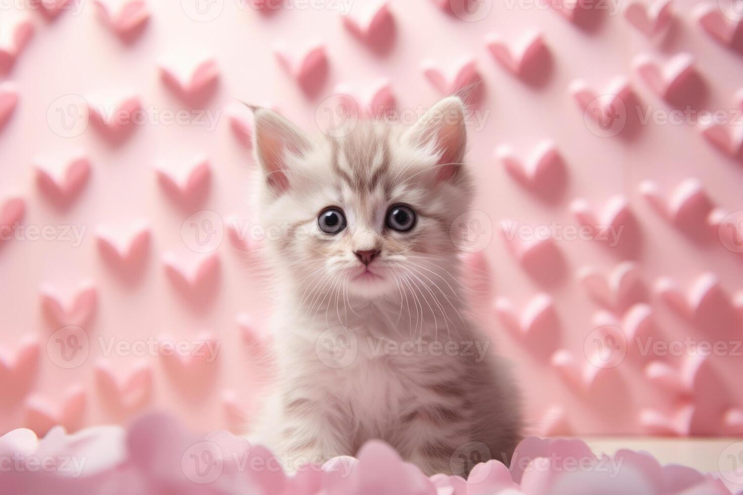 ai gerado retrato do uma fofa pequeno doméstico gato em uma Rosa fundo com amor corações foto