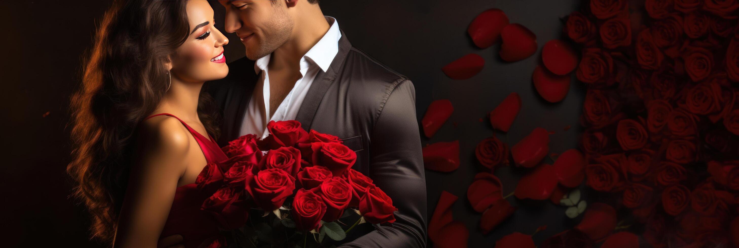 ai gerado feliz jovem casal a comemorar dia dos namorados dia dentro uma ampla sala. vermelho fundo com uma ampla ramalhete do vermelho flores foto