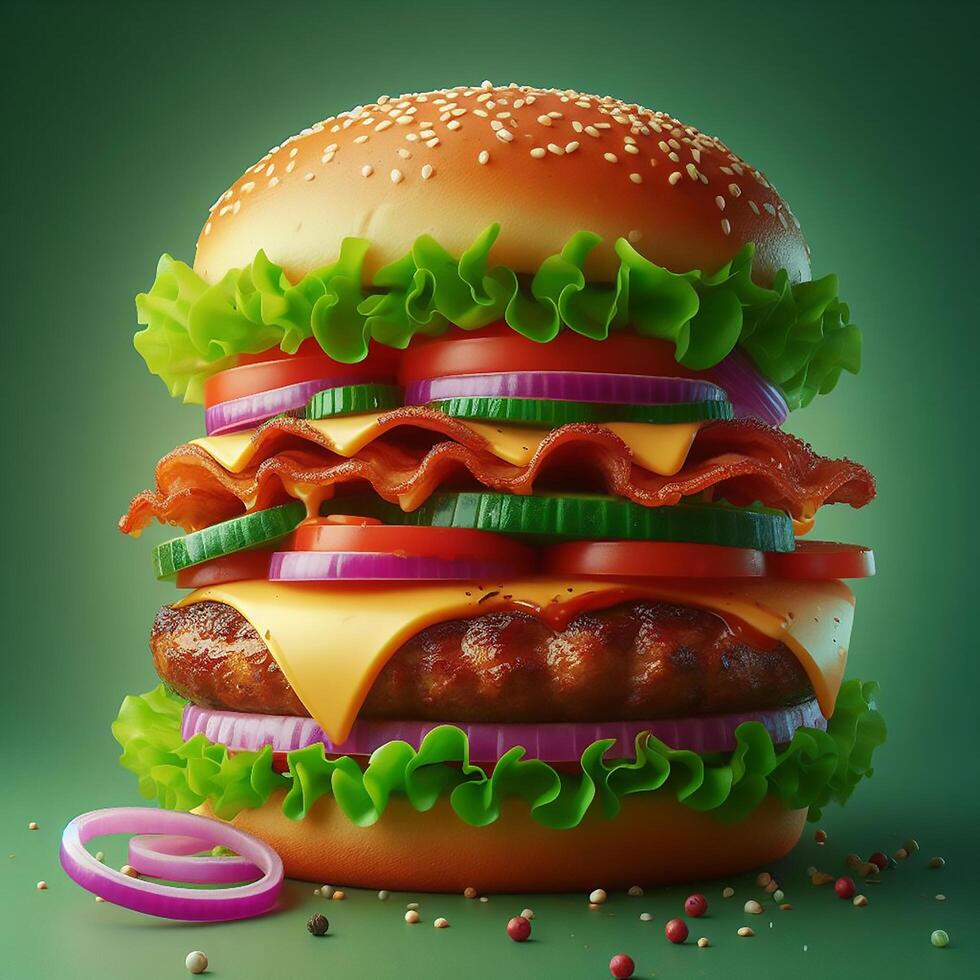 ai gerado Prêmio foto uma delicioso hamburguer em verde fundo