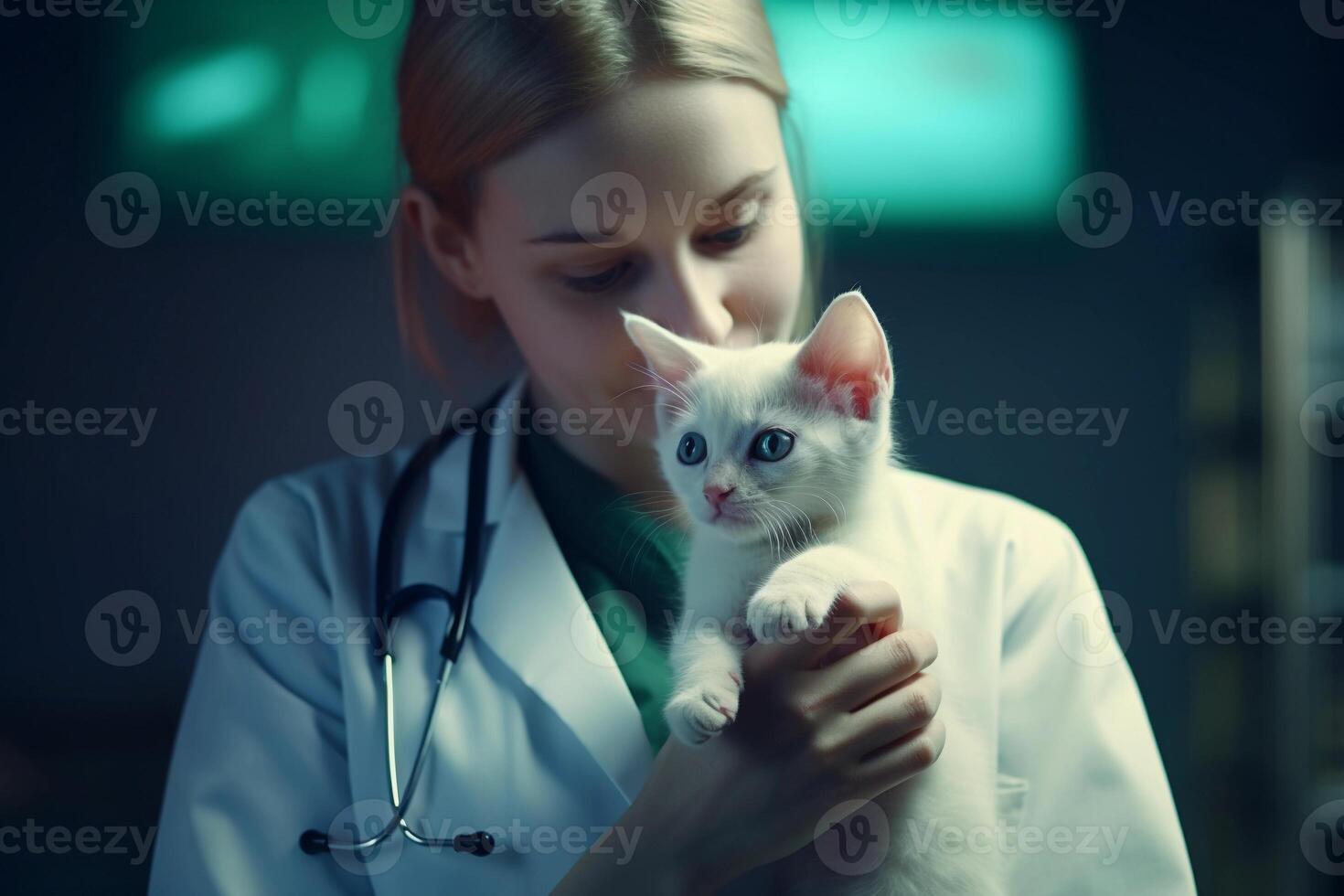 ai gerado fêmea veterinário cuidadosamente segurando branco pequeno gatinho. médico examinando do animais de estimação. ai gerado. foto