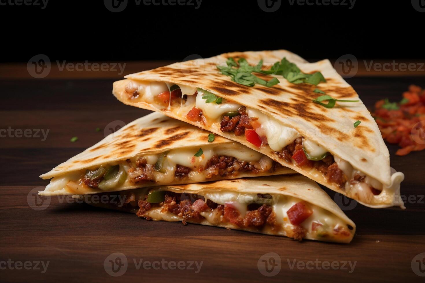 ai gerado pilha do fatias do delicioso Quesadilla em de madeira mesa, fechar acima. ai gerado. foto